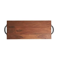 28" Brown Wood Tray with Black Metal Handles
