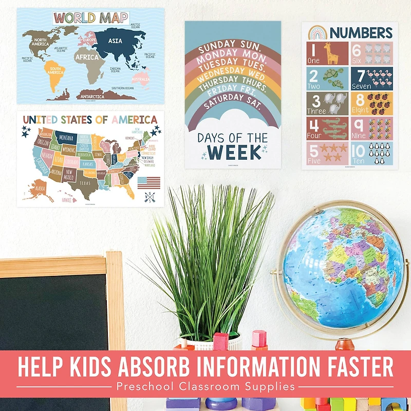 Hadley Designs 11" x 17" Boho Preschool Educational Laminated Posters for Toddlers Set