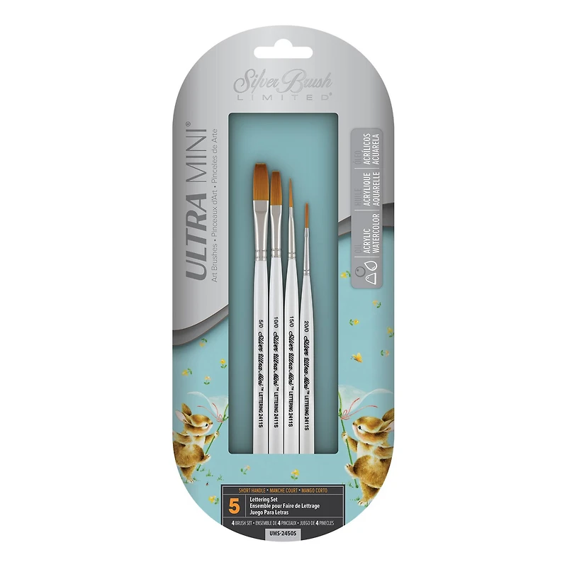 Silver Brush Limited Ultra Mini® White handles Lettering Brushes, 4ct