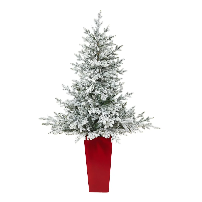 4.75ft. Pre-Lit Flocked Fraser Fir Artificial Christmas Tree  in Tower Planter, Warm White Lights
