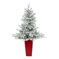 4.75ft. Pre-Lit Flocked Fraser Fir Artificial Christmas Tree  in Tower Planter, Warm White Lights