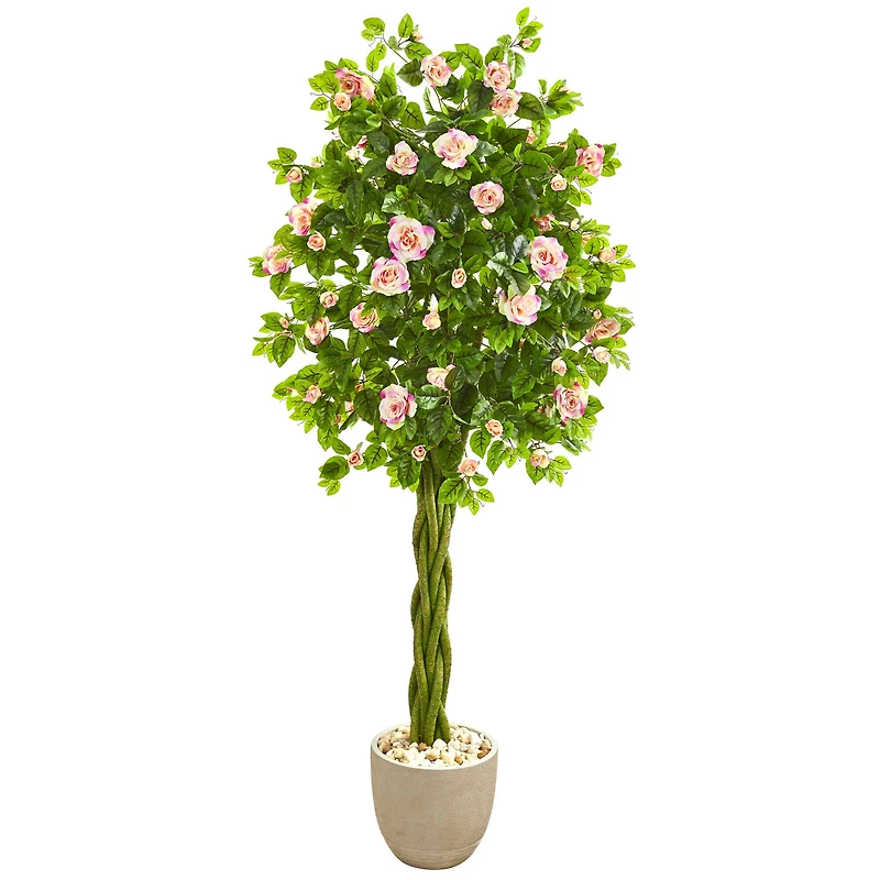 6ft. Pink Rose Artificial Tree in Sand Stone Planter