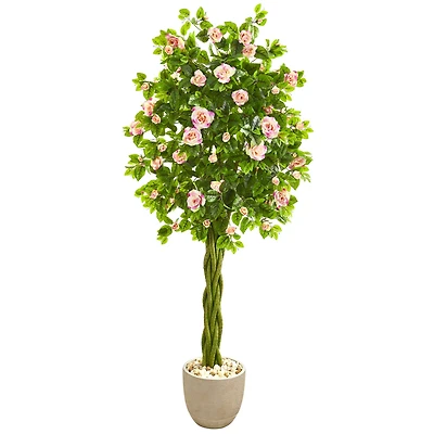 6ft. Pink Rose Artificial Tree in Sand Stone Planter