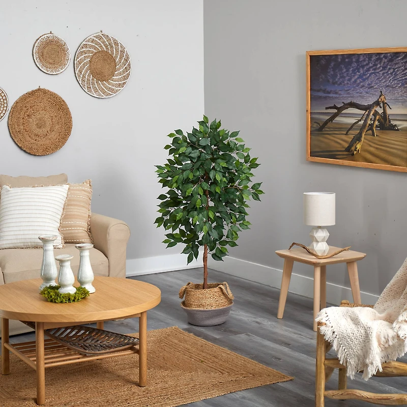 4ft. Ficus Artificial Tree in Boho Chic Handmade Cotton & Jute Gray Woven Planter