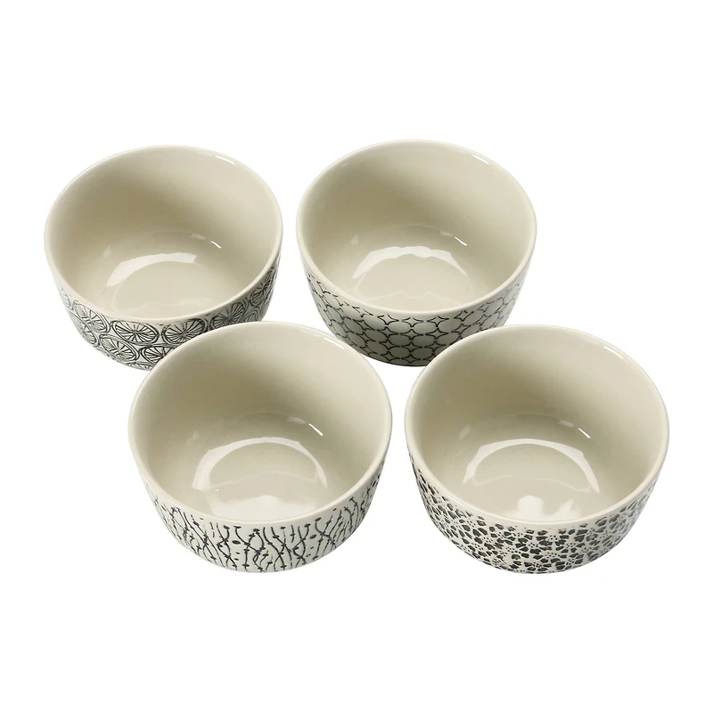 Hello Honey® 4.5" Black & Cream Hand-Stamped Stoneware Bowl with Embossed Pattern, 4ct.