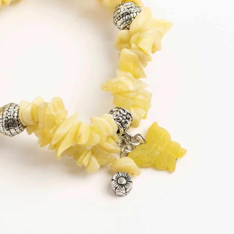 John Bead New Jade Green Natural Stone 2-Strand Bracelet with Butterfly Charm