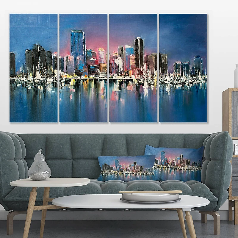 Designart - Coastal City Fantasy Night Scene in Oil Painting
