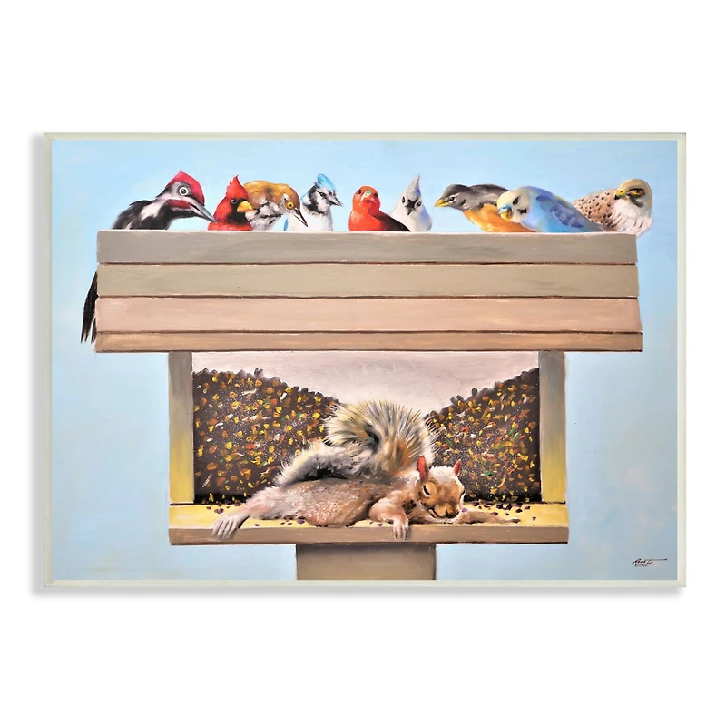 Stupell Industries Squirrel Sleeping Crowded Bird Feeder Funny Backyard Animals Wall Plaque