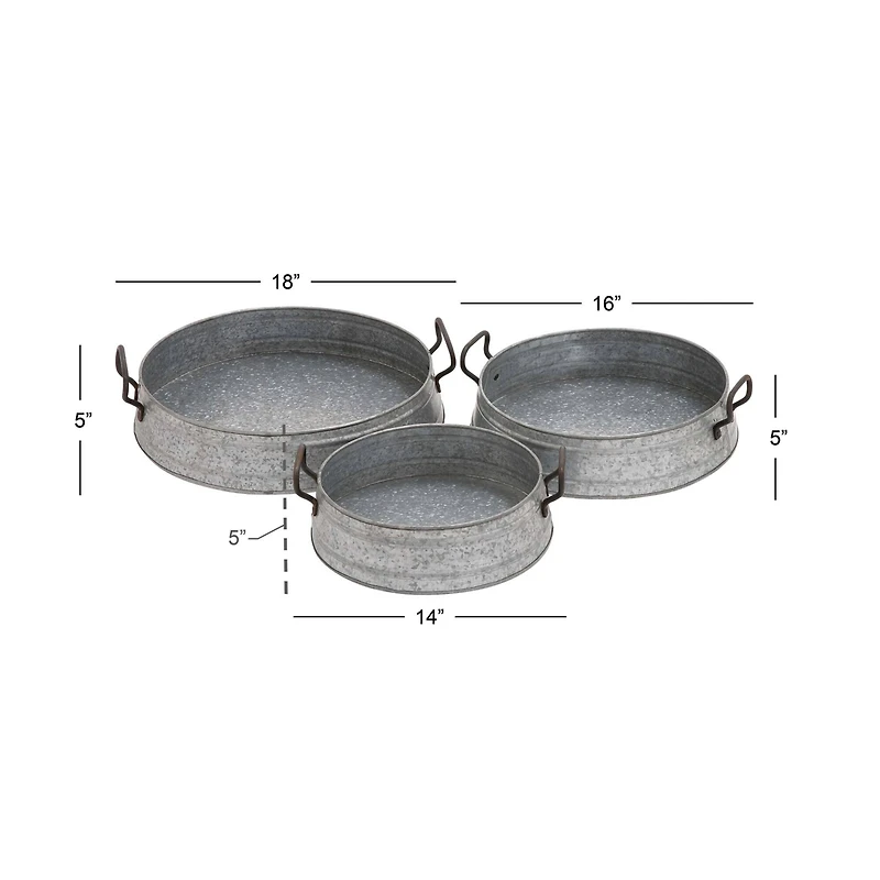 Set of 3" Grey Metal Farmhouse Tray, 18", 16", 14"
