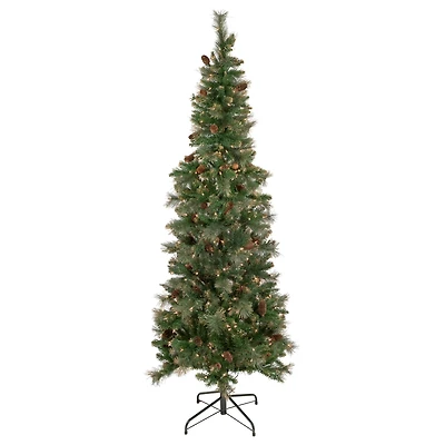 7ft. Pre-Lit Yorkshire Pine Pencil Artificial Christmas Tree with Pinecones & Gold Glitter, Clear Lights