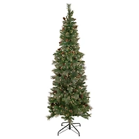 7ft. Pre-Lit Yorkshire Pine Pencil Artificial Christmas Tree with Pinecones & Gold Glitter, Clear Lights