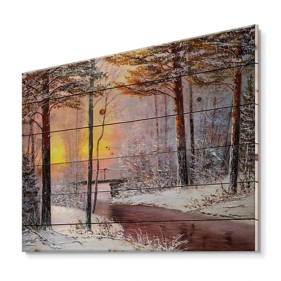 Designart Christmas Forest with River & Trees IV Print on Natural Pine Wood