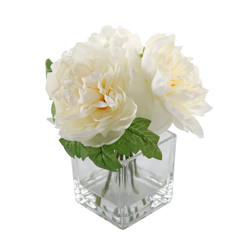 Flora Bunda® 9" Cream White Tall Silk Peony Arrangement In Glass Pot
