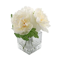 Flora Bunda® 9" Cream White Tall Silk Peony Arrangement In Glass Pot