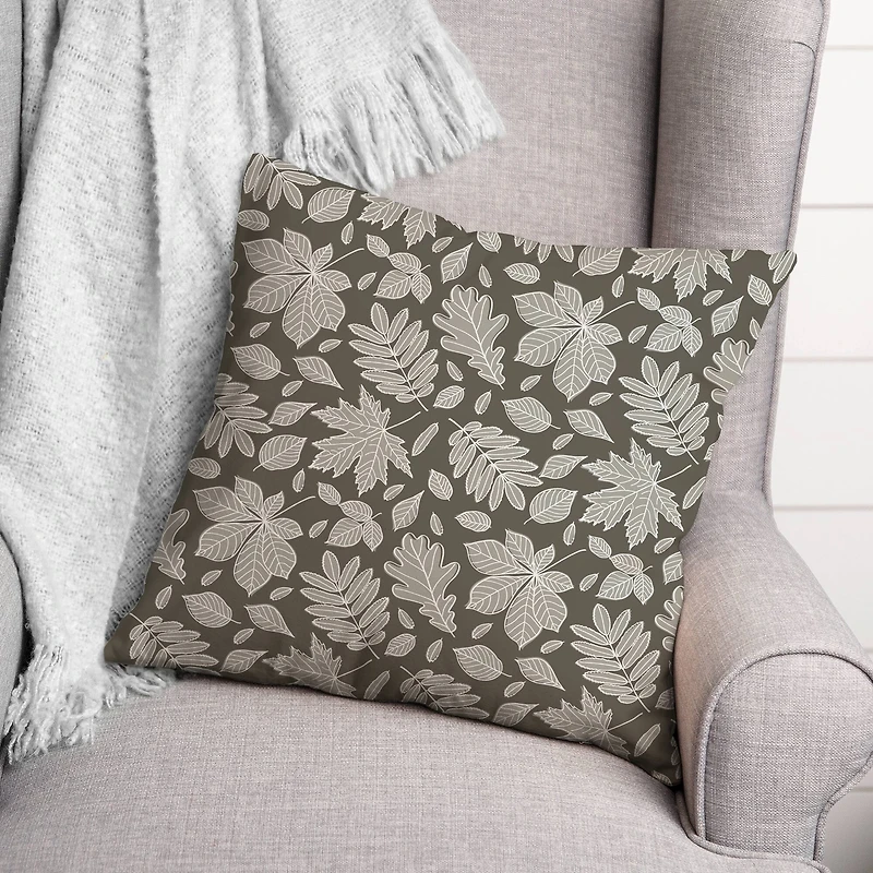 Gray Fall Leaves Pattern Throw Pillow