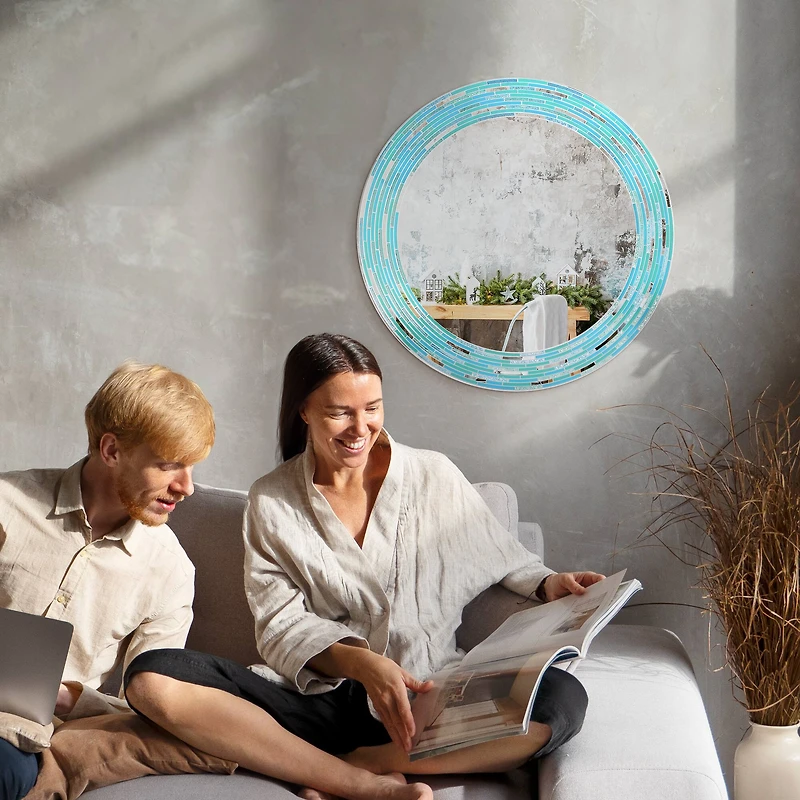 Head West Sea Glass 2 Tile Framed Round Wall Vanity Mirror - 30" x 30"