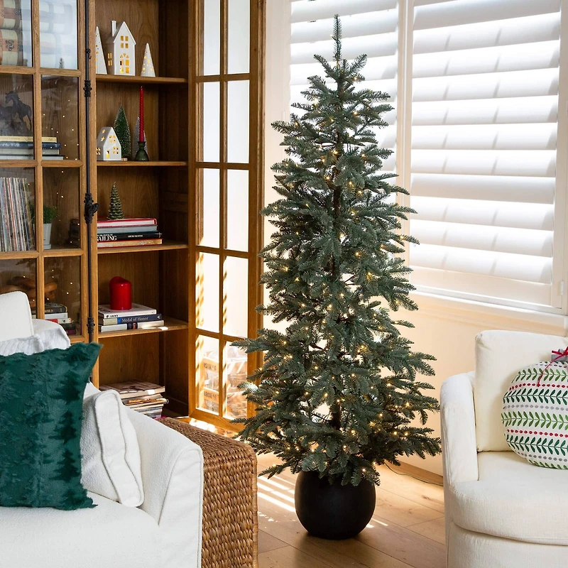 6ft. Pre-Lit Pine Artificial Christmas Tree in Black Decorative Planter with Warm White LED Lights