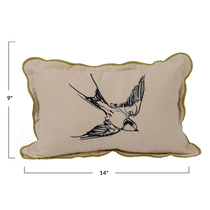 Hello Honey® Embroidered Bird Cotton Chambray Printed Lumbar Pillow with Patterned Back & Scalloped Edge