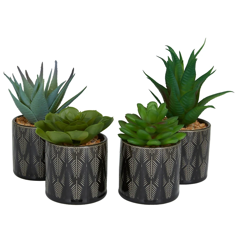 Novogratz Green Faux Foliage Small Succulent Artificial Plant with Leaf Patterned Pot Set