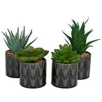 Novogratz Green Faux Foliage Small Succulent Artificial Plant with Leaf Patterned Pot Set