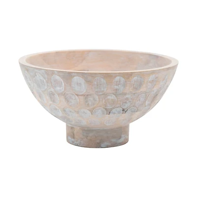 Hello Honey® 6" Whitewashed Footed Mango Wood Bowl with Carved Circle Accents