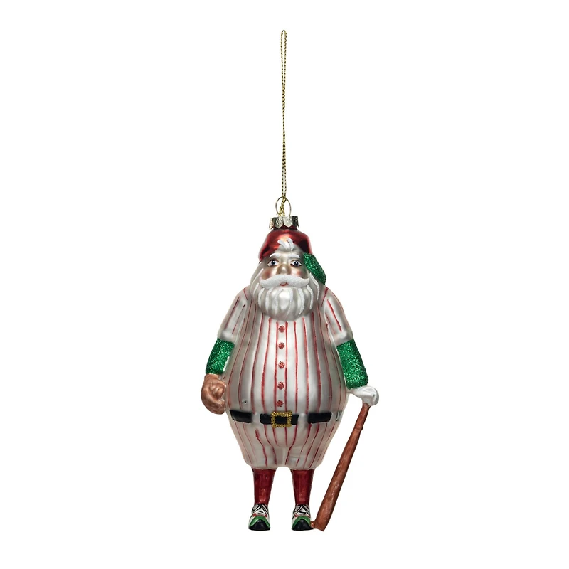 Hello Honey® 5.75" Glass Santa in Baseball Outfit Ornament with Bat & Glitter