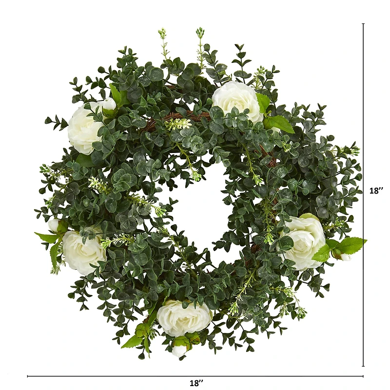 18'' Green & White Eucalyptus with Camellia Wreath