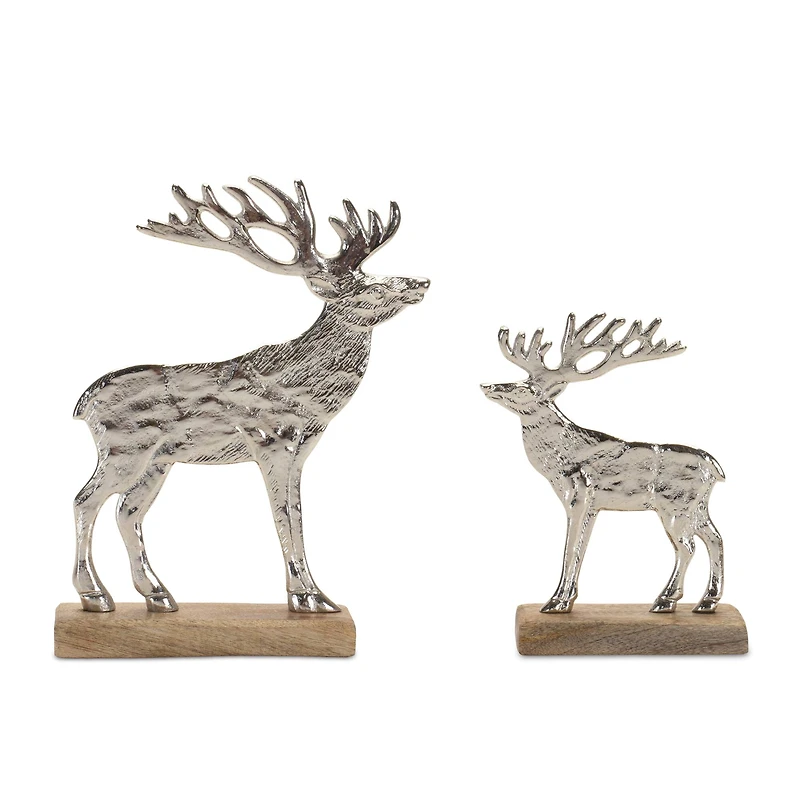 Silver Metal Deer Silhouette with Wood Base Set