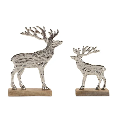 Silver Metal Deer Silhouette with Wood Base Set