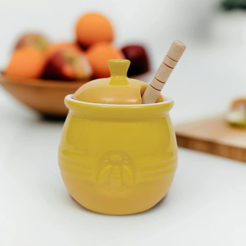 Hello Honey® 4.3" Yellow Ceramic Honey Pot & Wood Dipper