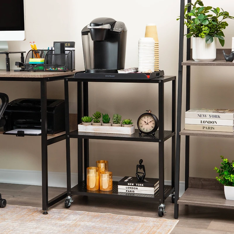 Mind Reader Rolling Cart, Microwave Stand, 3-Tier, Coffee Cart, Office, Metal, Black