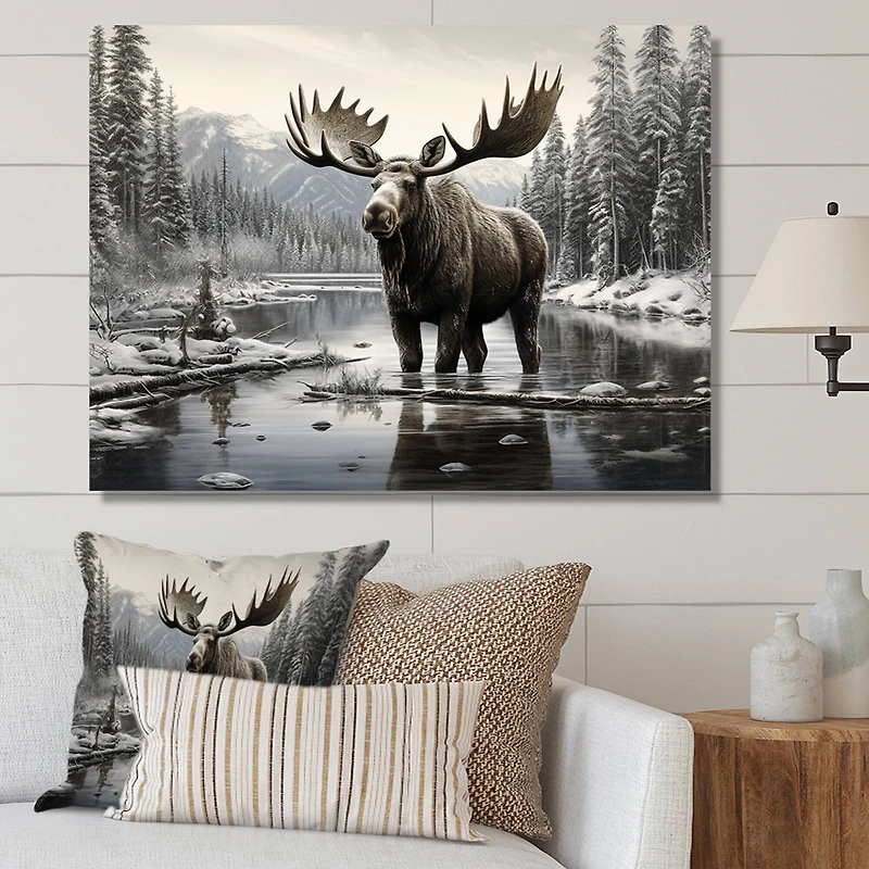 Designart "Brown White Moose Winter Majesty" Animals Wall Decor