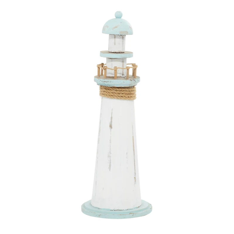 Coastal White Wooden Lighthouse Sculpture, 15" x 6" x 6"