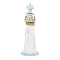 Coastal White Wooden Lighthouse Sculpture, 15" x 6" x 6"