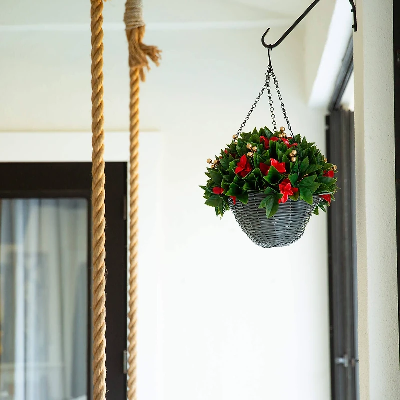 24in. Pre-Lit UV Resistant Artificial Red Tip Photinia & Gold Berries Christmas Hanging Basket with 34 Warm White LED Lights (Indoor/Outdoor)