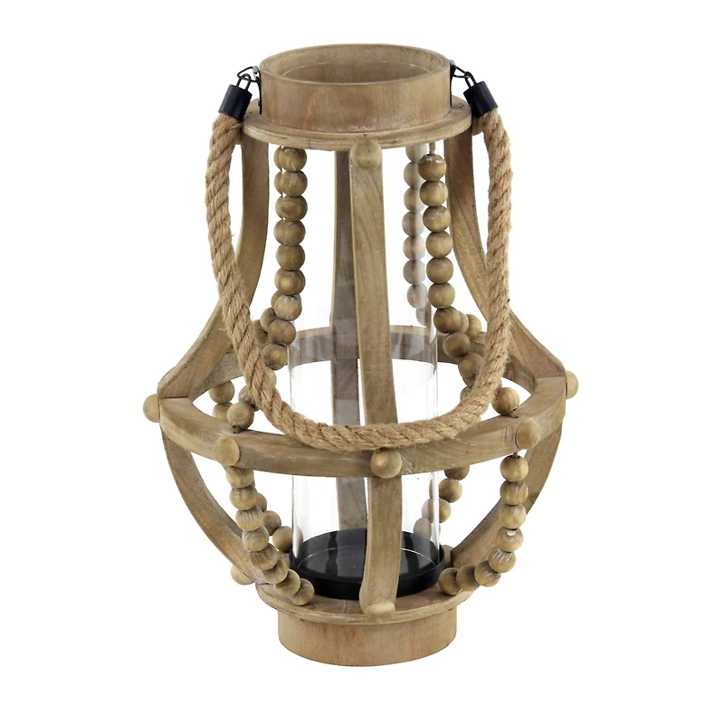 Beige Recycled Wood Farmhouse LED Lantern, 16" x 10" x 10"