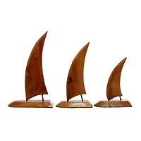 Set of 3 Brown Teak Wood Sail Boat Sculpture 20", 17", 13"