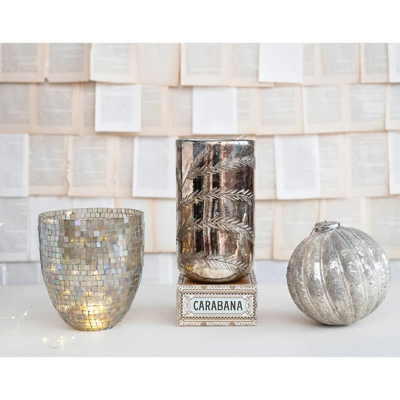 Hello Honey® 10.5" Antique Silver Etched Glass Hurricane Décor