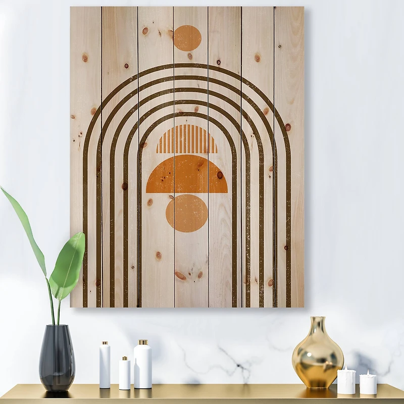 Designart - Abstract Rainbow Sun and Moon In Earth Tones IV - Modern Print on Natural Pine Wood