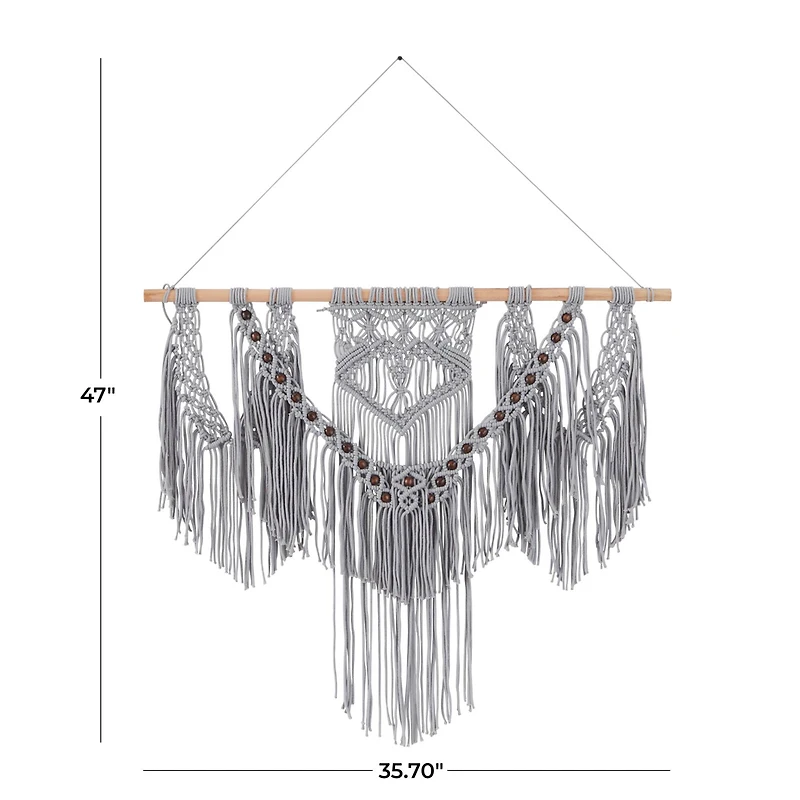 Gray Cotton Intricately Weaved Macrame Wall Decor with Beaded Fringe Tassels 36" x 1" x 47"