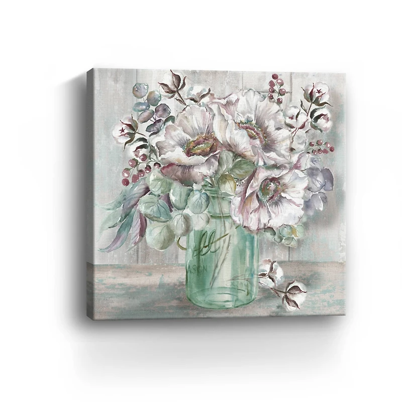 Blush Poppies And Eucalyptus In Mason Jar Canvas Giclee