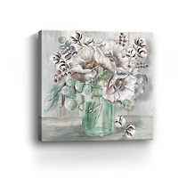 Blush Poppies And Eucalyptus In Mason Jar Canvas Giclee