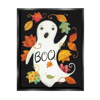 Stupell Industries Vintage Boo Ghost Patterned Leaves Framed Floater Canvas Wall Art