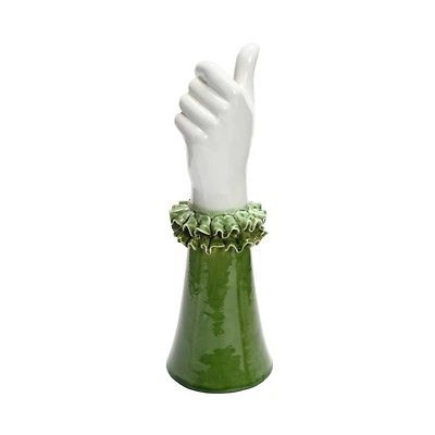 Hello Honey® 12" Green & White Stoneware Hand Vase with Ruffled Shirt Sleeve