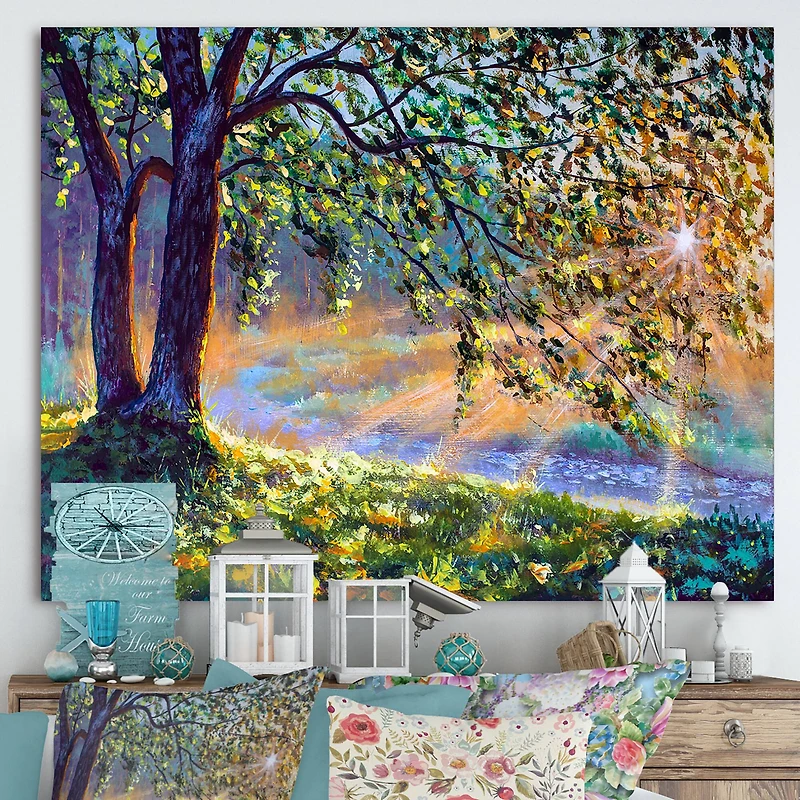 Designart - Tree By River First Rays Of Afternoon Sun