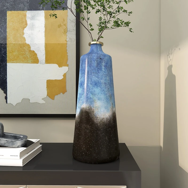 20" Blue Glass Galaxy Inspired Abstract Vase with Gold Top