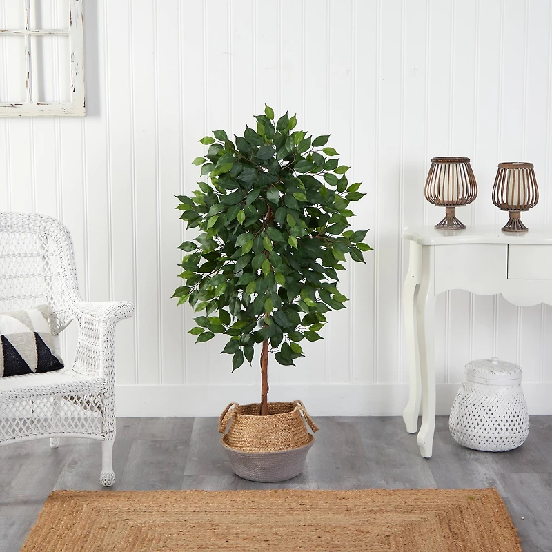 4ft. Ficus Artificial Tree in Boho Chic Handmade Cotton & Jute Gray Woven Planter