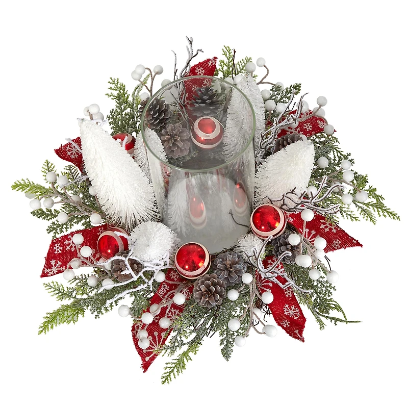 15" Christmas Lighted Forest Candle Holder Arrangement