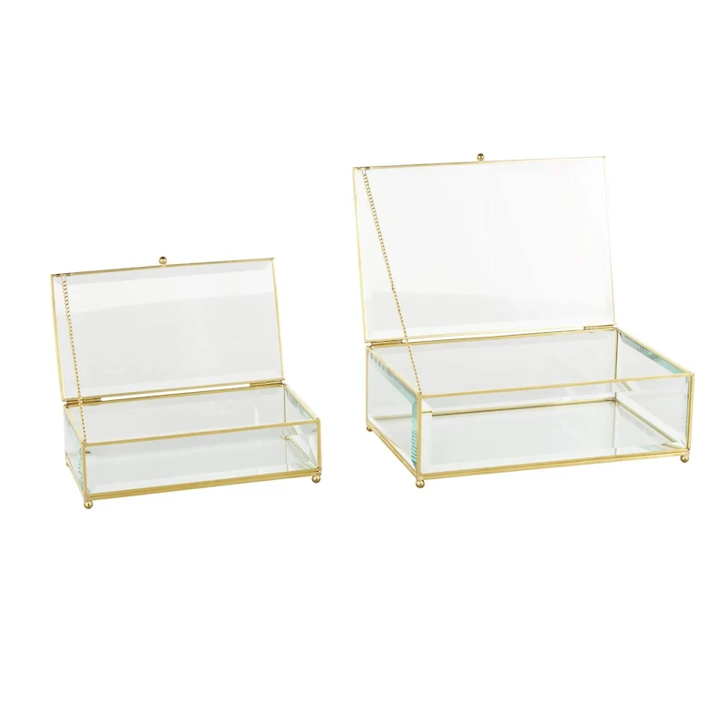 Clear & Gold Beveled Glass & Metal Rectangle Footed Jewelry Box with Chain Accent Set