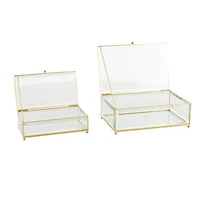 Clear & Gold Beveled Glass & Metal Rectangle Footed Jewelry Box with Chain Accent Set